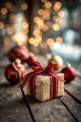 Festive Golden Gift Box With Red Ornaments and Sparkling Lights During Holiday Season