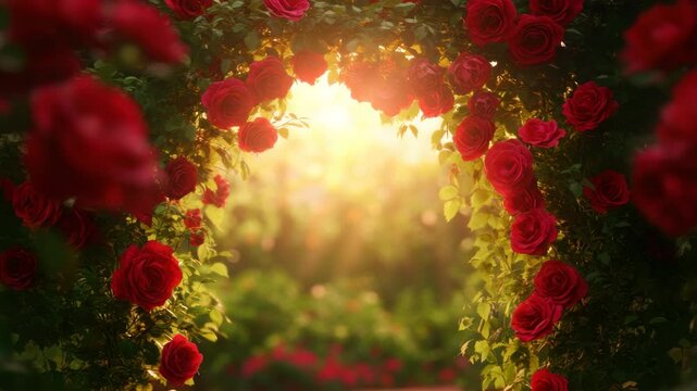 Romantic red rose arch with green leaves glowing warmly in sunlight, creating beautiful flower garden filled with vibrant nature and peaceful, enchanting atmosphere