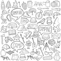 Camping Mountain Traditional Doodle Icons Sketch Hand Made Design Vector Line Art.	
