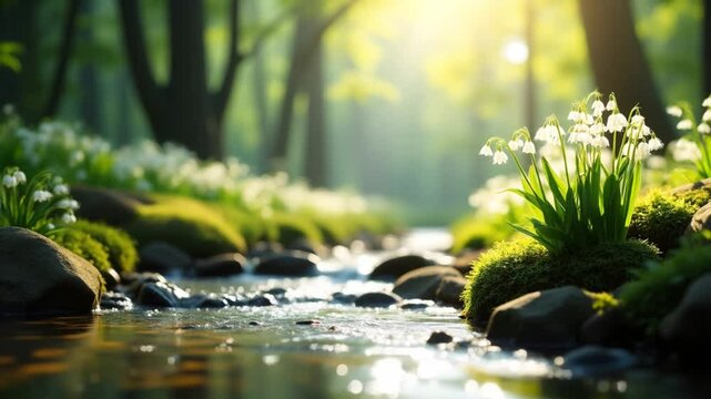 Landscape of a small stream with flowing clear water in the forest in Spring or Autumn.  Quiet, peaceful forest with moss, grass, flowers and leaves along a brook or creek in the wilderness.