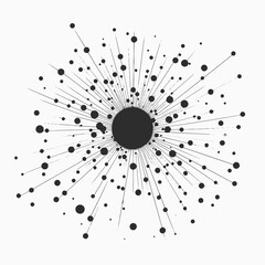 Abstract black and white design with circles and lines radiating from center point graphic illustration silhouette