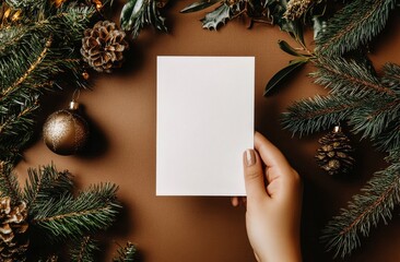 Blank Card Held Among Festive Greenery and Ornaments During the Holiday Season