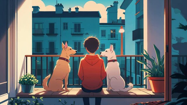 Chillwave Animation: Cozy Background Loop of a Boy and Dogs on the Balcony