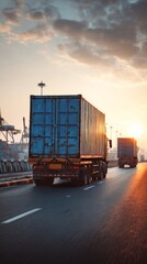 Trucks Transporting Cargo at a Port During Sunset With Cranes in View