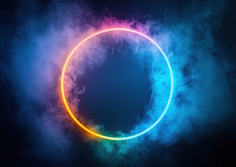 Obraz premium Glowing neon circle surrounded by colorful mist creating magical light effect