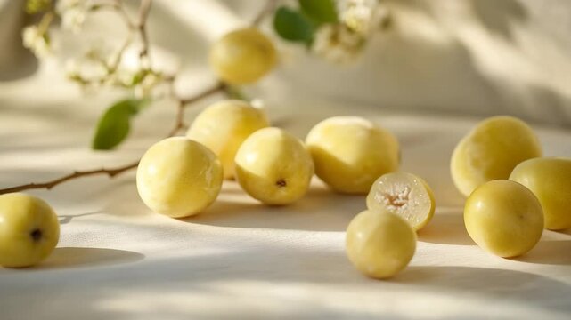 A bunch of yellow fruit with some of them cut open. The fruit is surrounded by leaves and flowers
