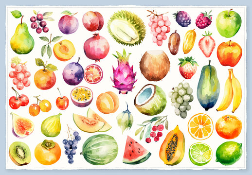 Vector watercolor painted style - fresh fruits clipart isolated on white background.