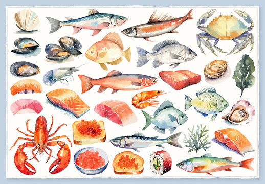 Vector watercolor painted style - seafood clipart isolated on white background.