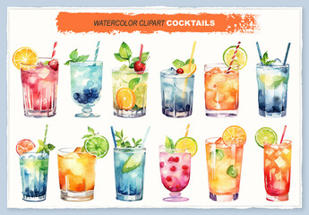 Vector watercolor painted style - cocktails clipart isolated on white background.