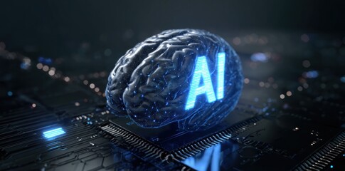 A brain with ai text on a computer chip suggesting artificial intelligence concept art