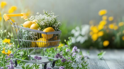 Shopping cart filled with lemons and flowers in a vibrant garden setting