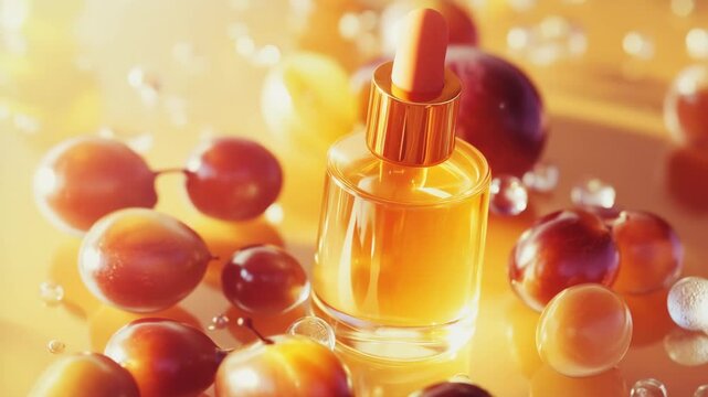 A bottle of perfume is sitting on a branch of a tree. The bottle is surrounded by red fruit, which gives the impression of a natural and organic setting. Concept of relaxation and tranquility