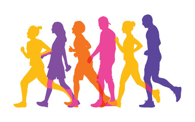 Walking marathon, people run, colorful poster. Vector illustration background silhouette