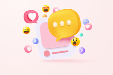 3D vector speech bubble with tick mark for photo gallery platform, online social conversation comment concept, emoji message, speech icons, chat with social media. 3d speak render vector illustration