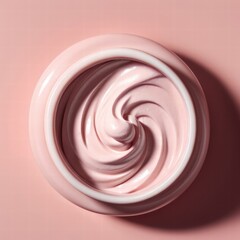 Open jar of pink cosmetic cream with a smooth swirl texture on a matching pink background. High quality photo