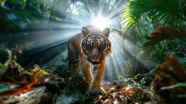 Majestic Tiger Emerging Through Jungle Light