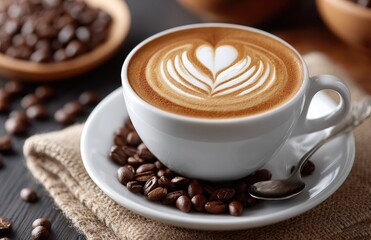 A cup of coffee with latte art in the shape of a heart on a burlap cloth, with scattered coffee beans on a black wooden table background