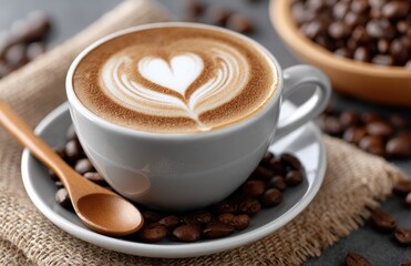 A cup of coffee with latte art in the shape of a heart on a burlap cloth, with scattered coffee beans on a black wooden table background