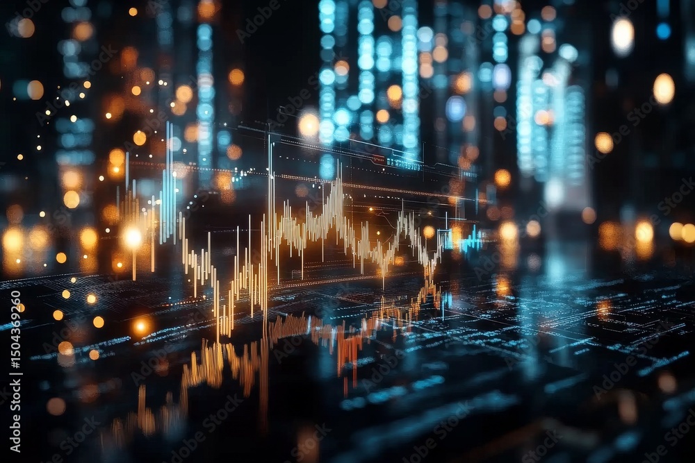 Poster stock market data visualization with vibrant digital elements and glowing metrics on a dark backgrou