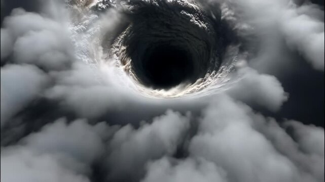 Aerial view of a swirling vortex of storm clouds surrounding a dark opening with white and grey hues suggesting immense power and meteorological forces