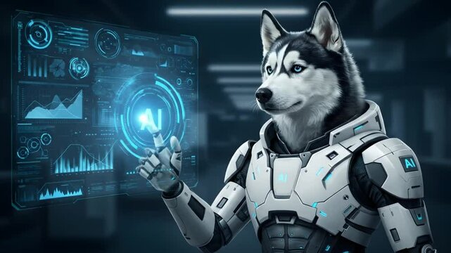Futuristic dog robot interacting with digital interface
