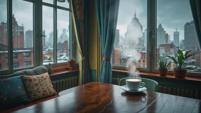 Relaxing Timelapse of a Retro Room with a Cup of Coffee and Rainy City View