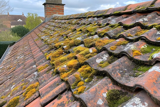 Toiture &agrave; nettoyer, avec mousses et lichens