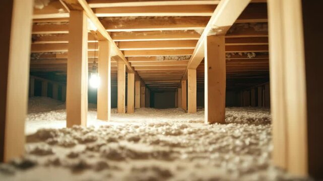 Insulated attic insulation with wooden beams and soft insulation material under warm light creating cozy home interior ceiling and protected crawl space building structure environment
