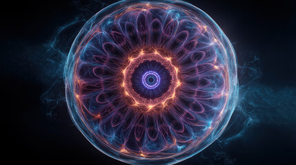 Glowing Cosmic Fractal Sphere with Neon Spirals and Radial Symmetry &ndash; Vibrant Digital Art in Deep Space with Cinematic Lighting