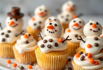 Miniature cupcakes decorated as melting snowmen with chocolate chips, orange candies, and white frosting, delicious dessert, white