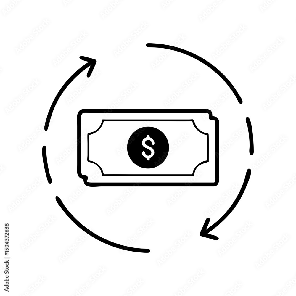 Poster banknote icon with circular arrows in outline style