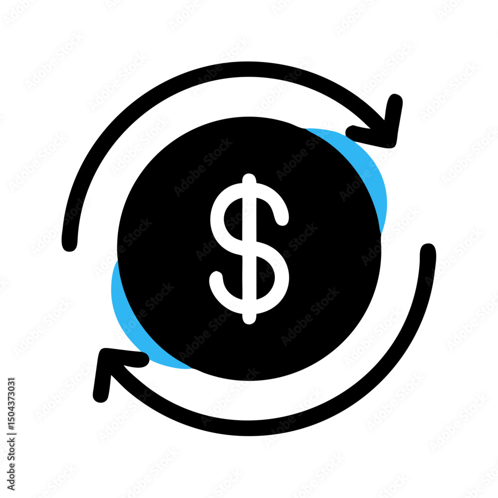 Poster dollar coin with rotation arrows icon in bold with blue accent