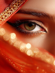 Captivating close up of woman eye partially covered by vibrant red fabric, showcasing intricate makeup and sparkling details. image evokes sense