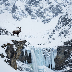 The ibex stands on a cliff edge above a frozen waterfall, surrounded by snow-covered peaks and icy air.