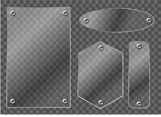 Glossy, polished, realistic round, hexagonal, and rectangular glass panels isolated on a transparent background, secured with screws at the edges, suitable for screens, showcases, and signs, acrylic.