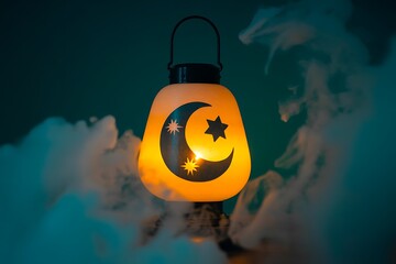 Illuminated Ramadan lantern with crescent moon and star, surrounded by smoke