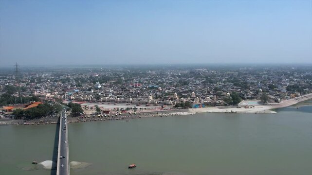 Drone Shot of Ayodhya &ndash; Aerial View of Ram Mandir, Sacred Temples, Saryu River, Ghats, and the Spiritual Landscape of the Holy City in Uttar Pradesh, India