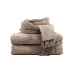 Stack of Cozy Knitted Blankets and Scarf in Neutral Beige