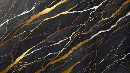 Luxury dark marble texture with expressive brushstroke veins in gold and white on a charcoal black surface abstract background.
