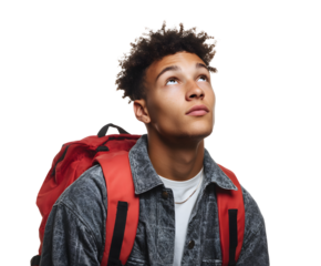 A young man with a red backpack looking up, appearing contemplative with a black backdrop.