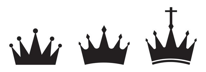 Crown symbols. Set of black crown icons. Black crown sign collection. . Crown vector, silhouette, icon. Crown symbol set. King, Princess crowns. Collection of crown silhouette. Vector illustration. 