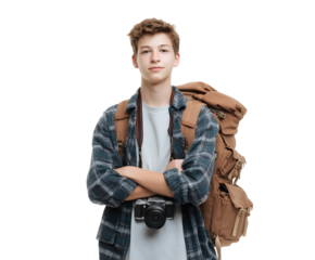 Confident young man with a backpack and camera, ready for a journey, smiling and posing outdoors.