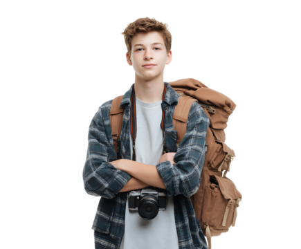 Confident young man with a backpack and camera, ready for a journey, smiling and posing outdoors.