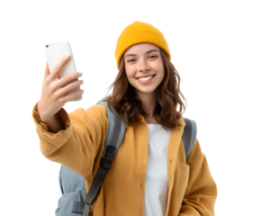 A happy woman takes a selfie with her phone, looking stylish with a yellow beanie and a backpack.