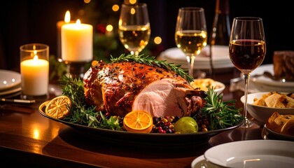 Festive holiday dinner setup with roasted turkey, wine, and candlelight celebration