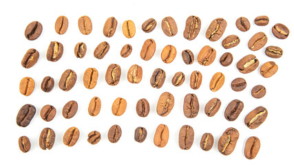 High-resolution image of roasted coffee beans, highlighting their warm brown shades and natural fissures on a white background. Suitable for caffeine visuals.