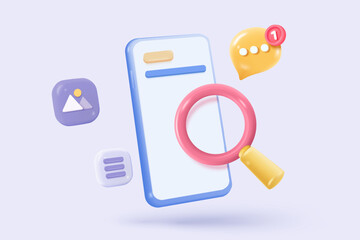 3d media file management icon. Searching image and video in organization database. paperwork sharing soft, document flow app, compound docs find concepts. 3d magnifying icon vector render illustration