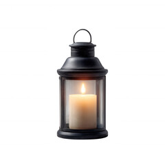 A classic black lantern with a glowing candle, offering warmth and ambiance against a white isolated background.