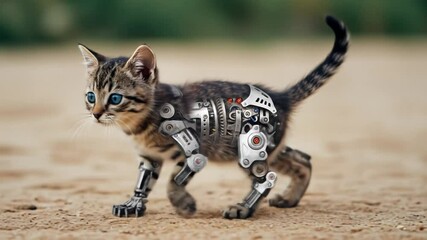 Mechanical kitten walking outdoors