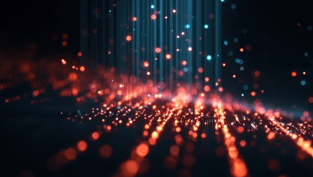 Dynamic data particle backdrop with luminous energy, optimized for tech innovation decks, AI product launches, and cybersecurity branding.